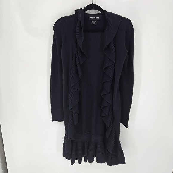 Doki Geki womens size small black long line open front ruffle cardigan cotton - Picture 8 of 8